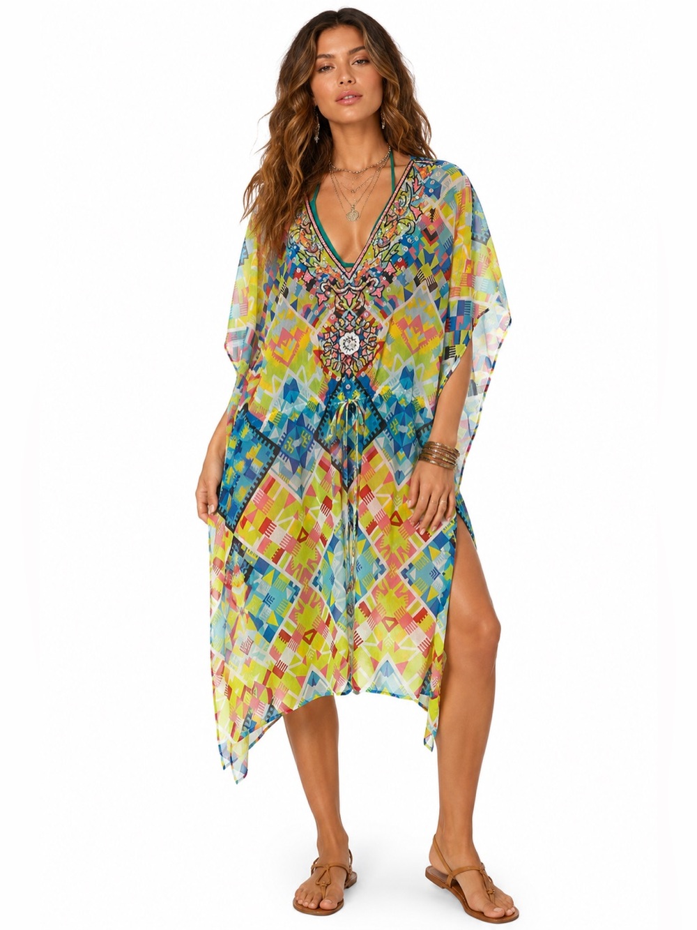 Maximalist Neon Geometric Print Beaded Swim Cover Up Tunic Duster Kaftan Boho